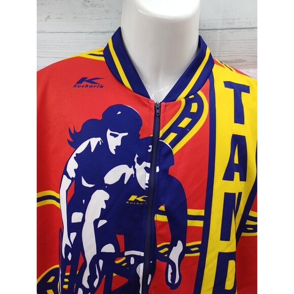 Vtg KUCHARIK CLOTHING Tandem Mens Bicycle Jersey Red Yellow USA Sz L Chest 40 - Picture 3 of 12